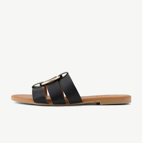 Pieces Vivi Black Leather Sandals Open Toe Slide On Shoes Size 38 7.5 8 Summer - Picture 2 of 13